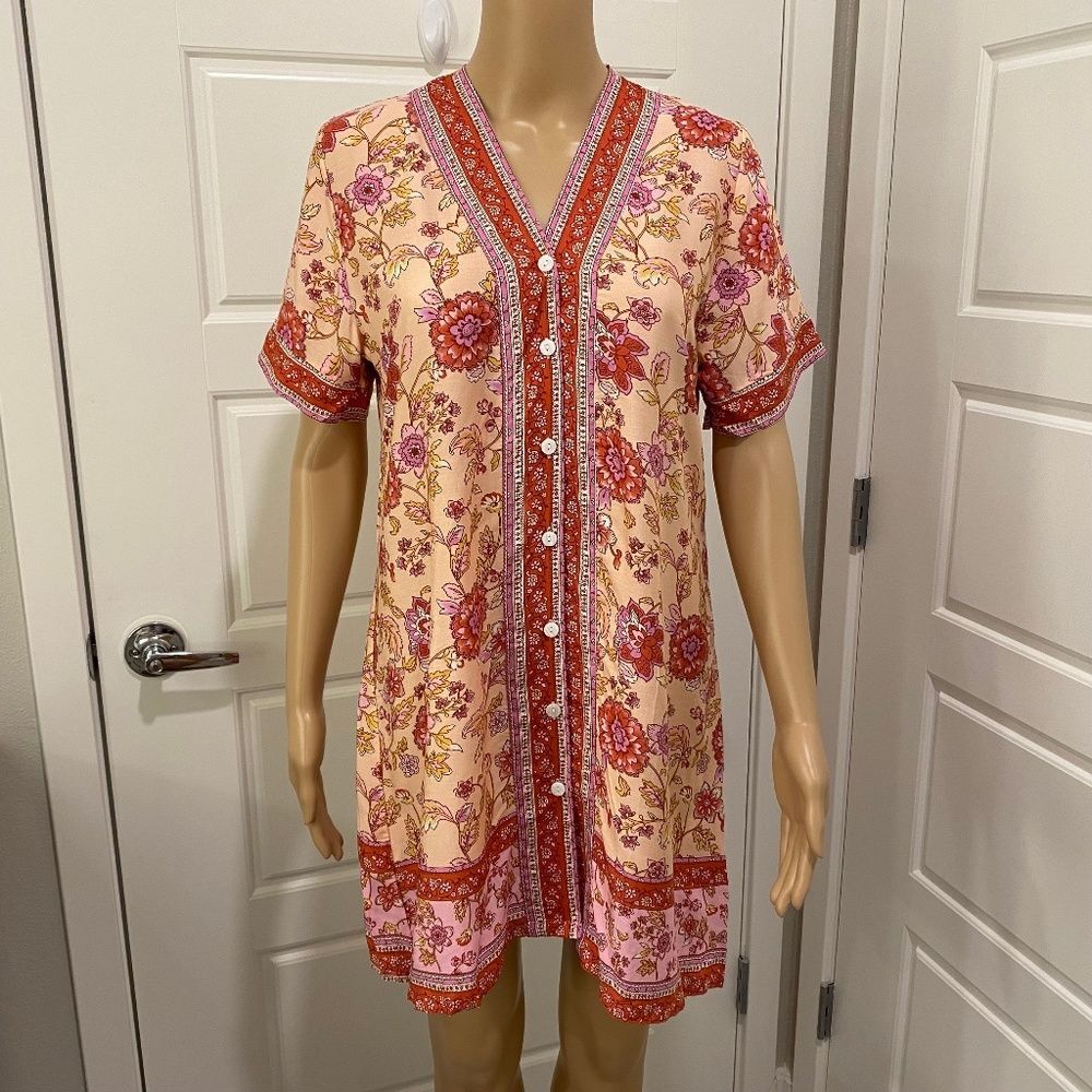 Floral Button Down Dress Small Peach Short Sleeve V Neck Mini Women's Sundress